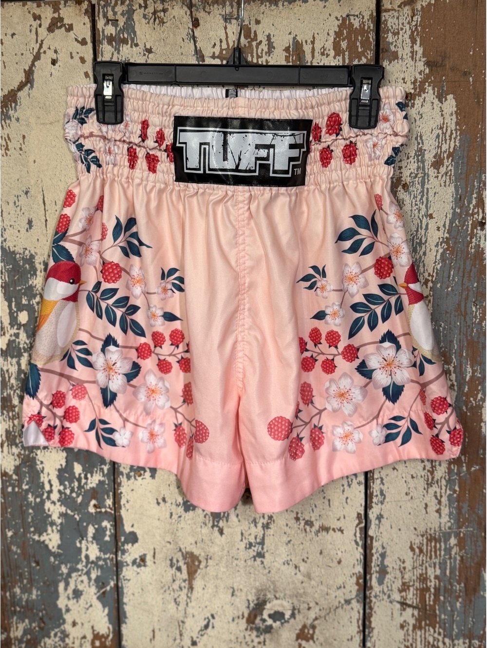TUFF Muay Thai Boxing Shorts in Pink Sakura with Nightingale Bird Women’s large